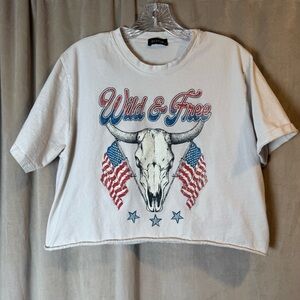 Zutter‎ Wild and Free White Graphic Tee Crop Western patriotic flag shirt